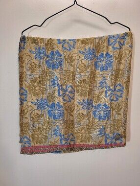 Darn Good Yarn Blue & Gold Tan Floral Silk Scarf Wrap - 35x36"